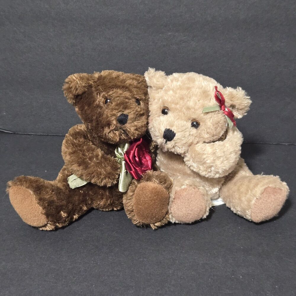 Vintage Plushland Teddy Bear Couple w/ Rose VALENTINES Plush Stuffed‎ Animal Toy
